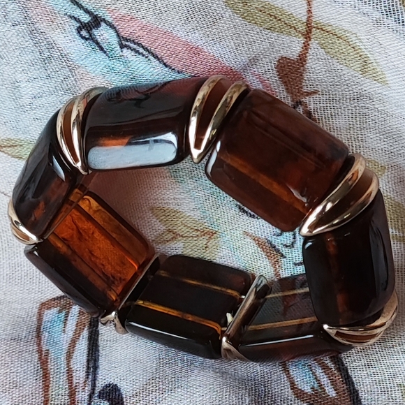 Thick Chunky Tortoise Segment Gold Tone Accents Stretch Vintage Bracelet EUC - Picture 6 of 8